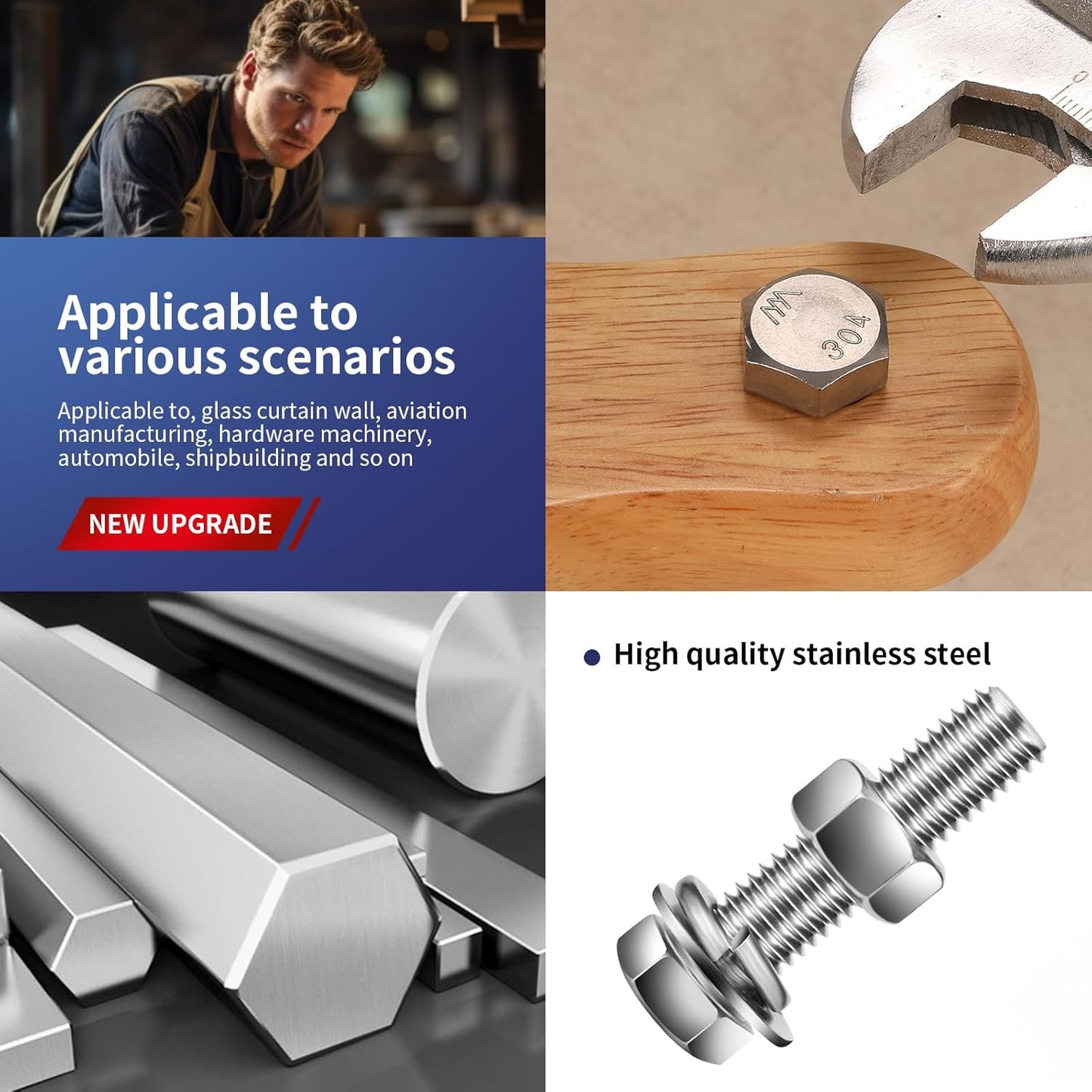 5/16-18 x 1-1/2" Hex Head Screw Bolt, Nuts, Flat & Lock Washers, 20Pcs 18-8 (304) Stainless Steel, Fully Threaded, by SG TZH