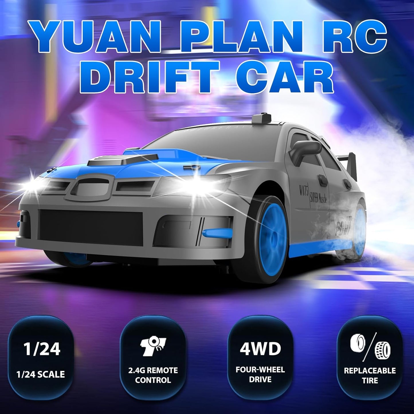 RC Drift Car, 1/24 2.4GHz 4WD Remote Control Car High Speed Drift RC Cars with LED Lights, Rechargeable Battery and Drifting Tires Racing Toy Cars for Kids Boys Girls Adults(Grey)