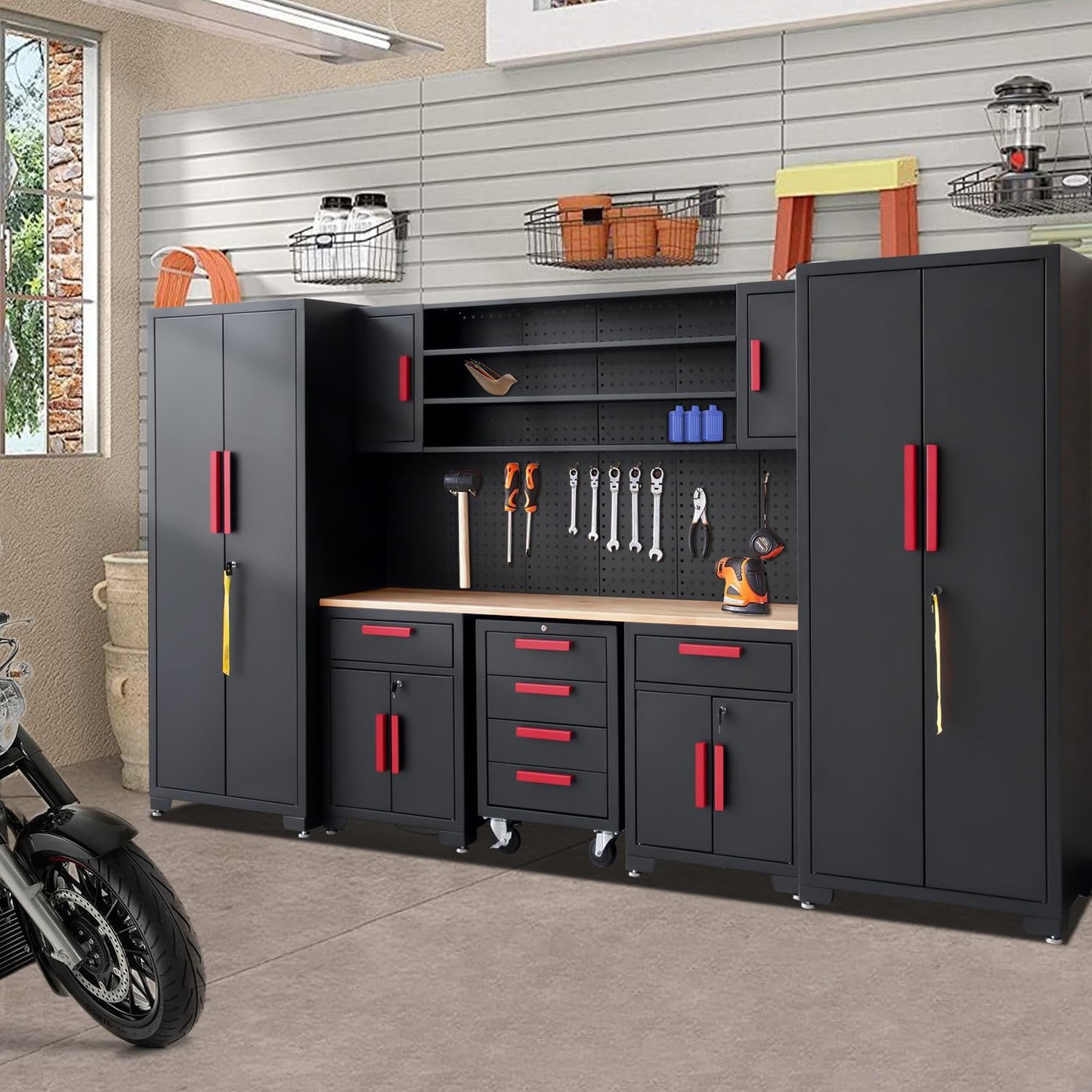 Garage Cabinet Storage System - 9-Piece Workshop Set w/Steel Cabinets & Workbench Includes Rolling Chest & Pegboard | Heavy-Duty Black & Red Tool Organization for Garage/Workshop