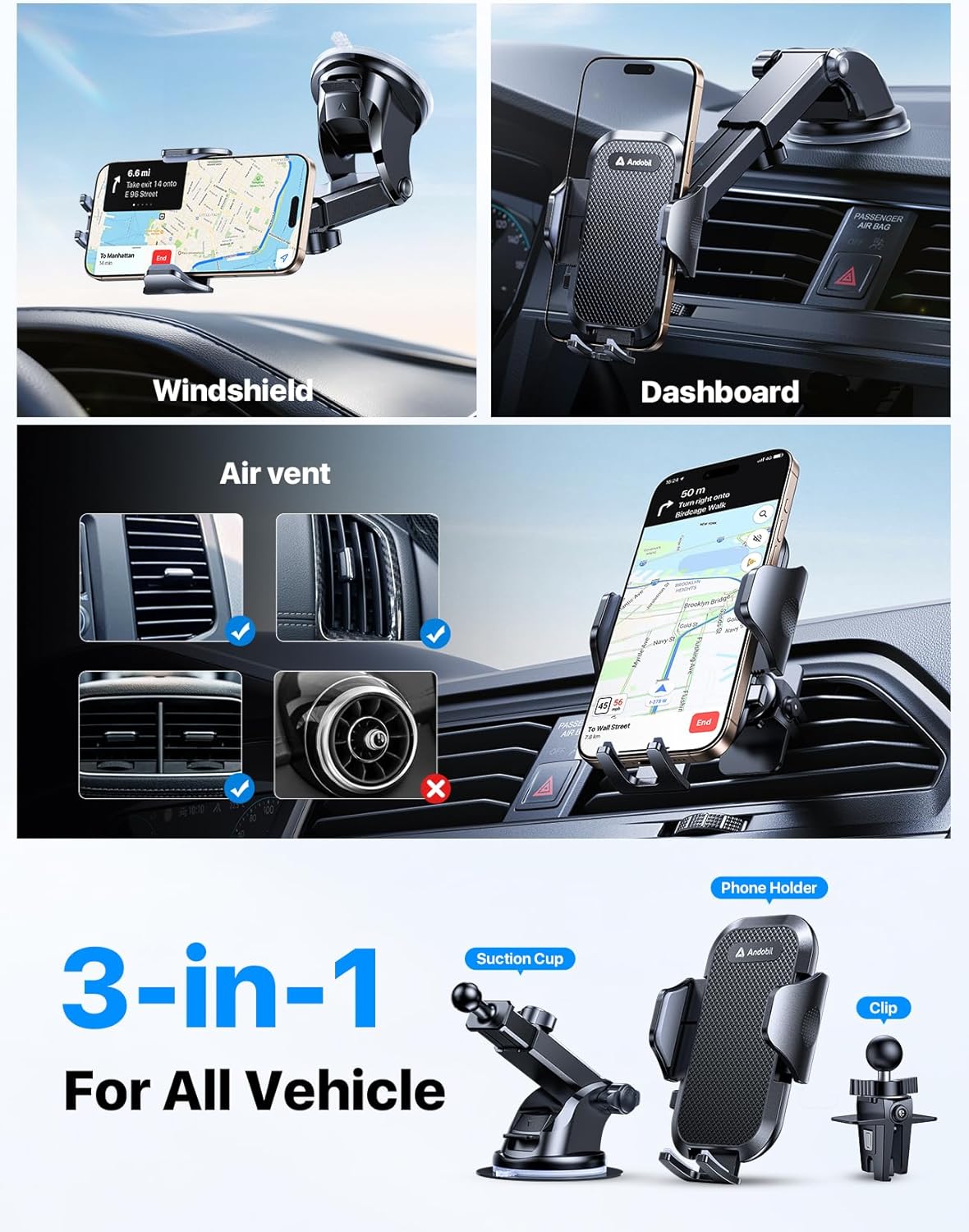 andobil Car Phone Holder Mount (Strong Suction&Bumpy Road Stable) Phone Holders for Your Car, Cell Phone Car Mount for Windshield Dash Vent Truck Cradle Stand for iPhone 16 15 Pro Max 14 13 12 Samsung