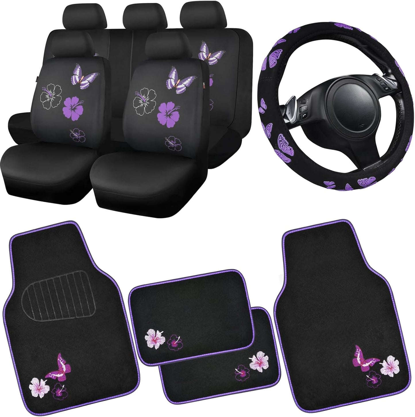 CAR PASS Universal Cloth Butterfly Car Seat Covers Full Set, Embroidered Flower Waterproof Car Floor Mats Carpet, Butterflies Steering Wheel Cover for Car Accessories Interior Sets (Black and Purple)