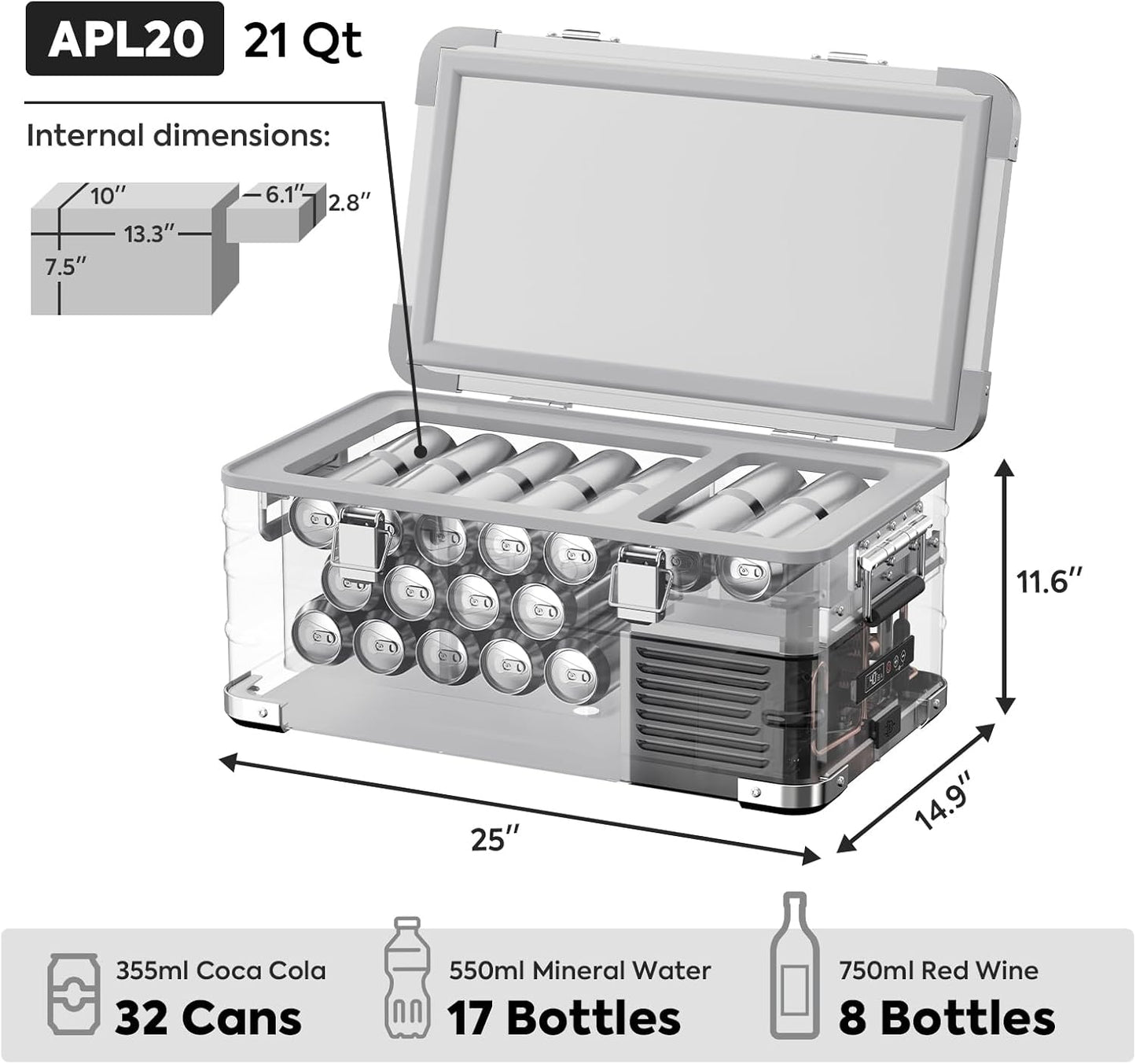 ICECO APL20 12 Volt Car Refrigerator, 21 Qts Light Duty Aluminum 12V Portable Fridge Freezer, Electric Cooler with SECOP Nano Compressor, -4℉~68℉, 12/24V DC, 100-240V AC for RV, Truck, Camping