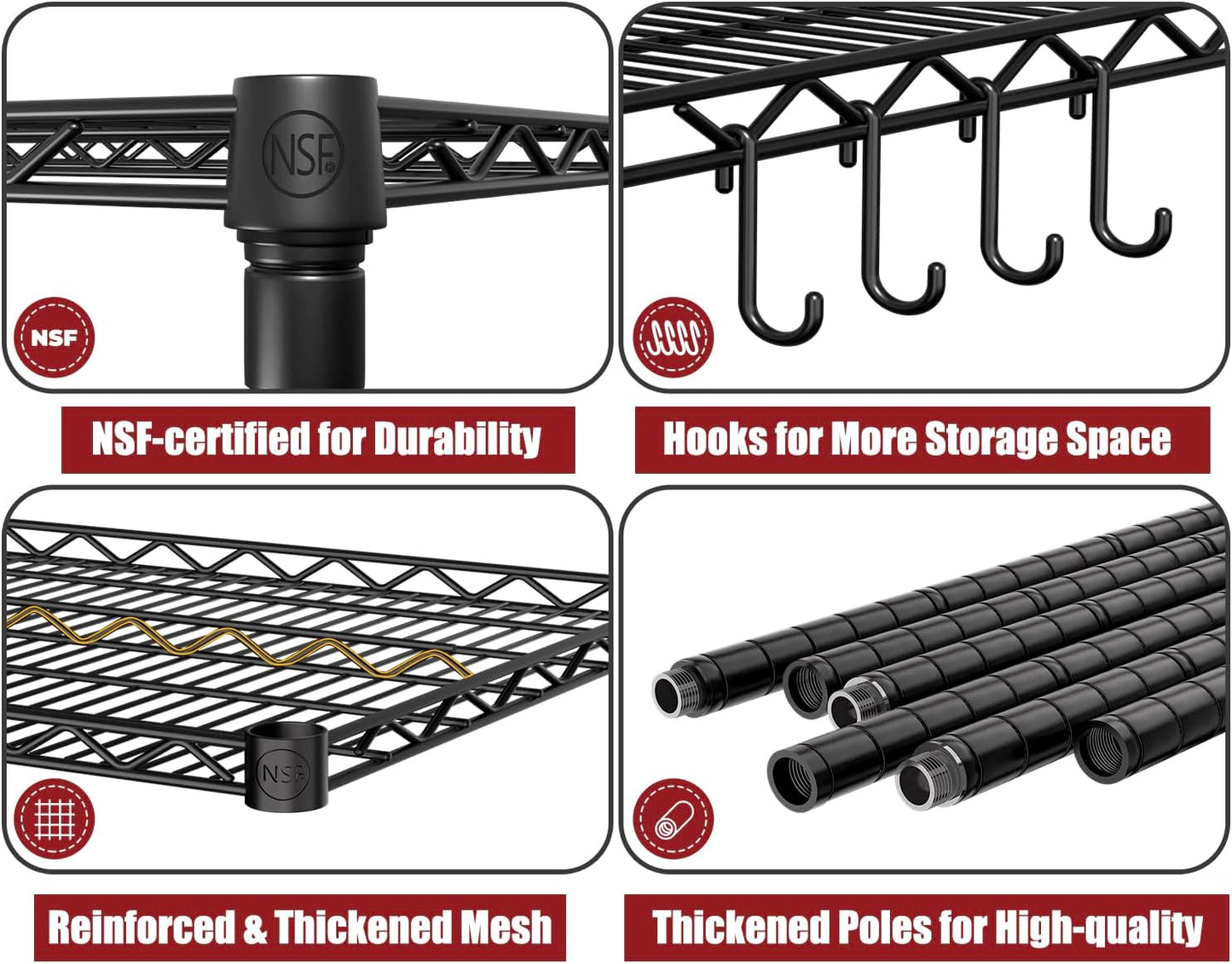 PrimeZone 5 Packs 55.5" W x 24" D x 80" H Heavy Duty Wire Storage Shelves with Wheels, 4 Tier Adjustable NSF Certified Garage Shelving Unit, Rolling Metal Organizer Shelf Rack for Warehouse, Pantry