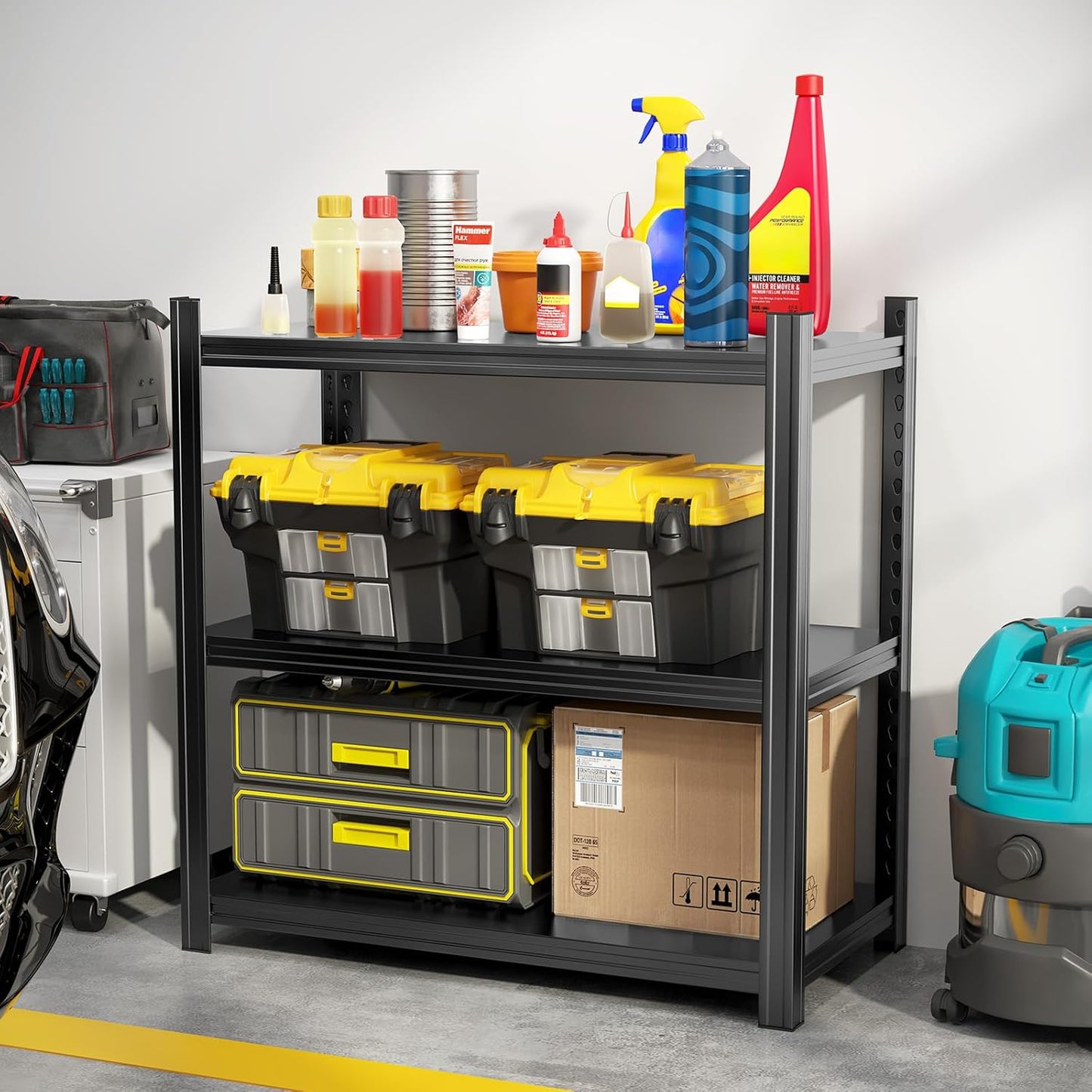 Metal Garage Shelving Unit, Heavy Duty 3-Tier 1050 LBS Loads Adjustable Storage Rack Garage Storage Shelves, Industrial Utility Shelf for Garages, Warehouses, Kitchen, Black