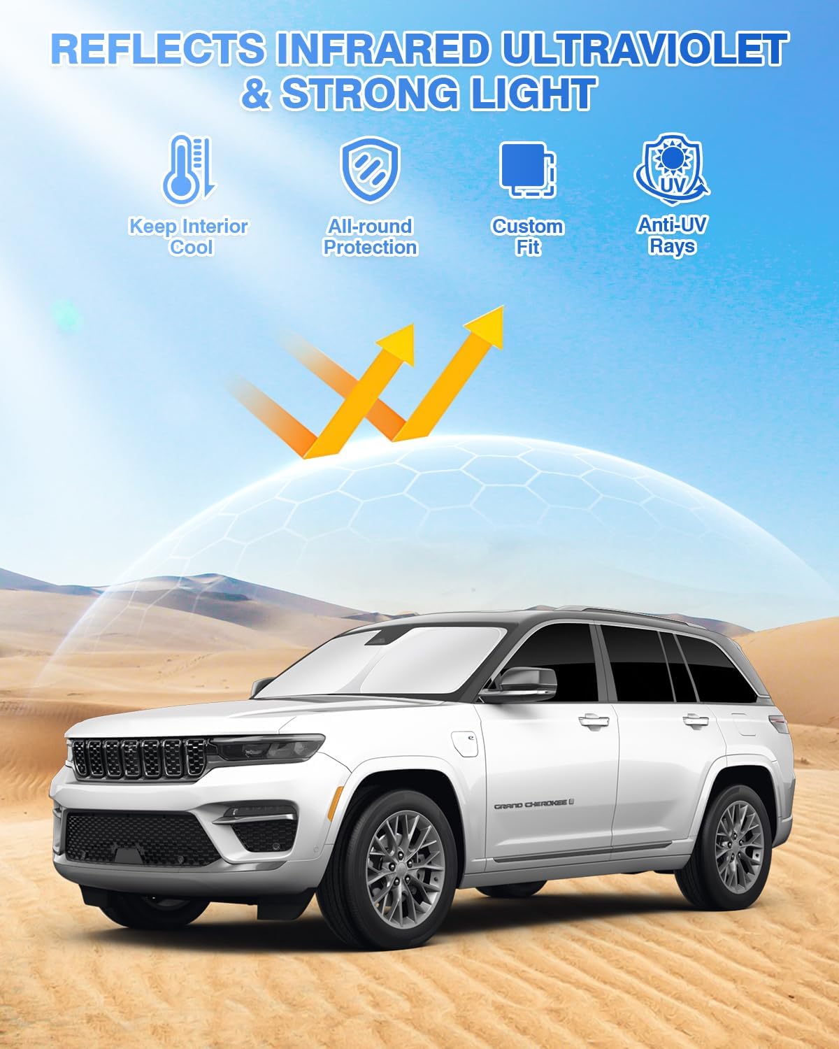 Windshield Sun Shade for 2022-2025 2026 Jeep Grand Cherokee Accessories Sunshade Side Rear Window Shade Cover Sun Visor Shield Privacy Protection Keep Vehicle Cool Black 8PCS