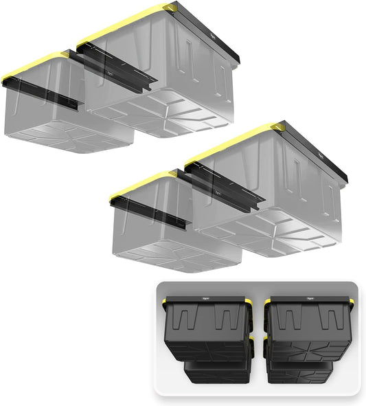Koova Heavy-Duty Overhead Garage Storage Rack for 4 Bins. Adjustable Width, 160lb Capacity. DIY Safe Ceiling Mount, Easy Install. Fits 27-Gallon Totes. USA Made Pro-Grade Steel. Space Saving Organizer