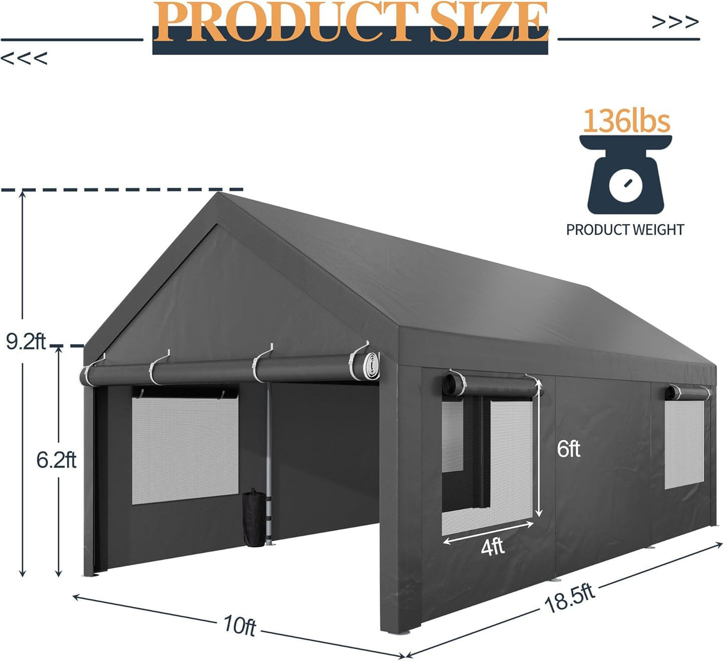 Shintenchi Carport 10' x 20' Heavy Duty Portable Garage, Car Port Canopy with Side-Opening Removable Door & Roll-Up Windows, Car Canopy for Truck,Car,Boat,Motorcycle,Grey