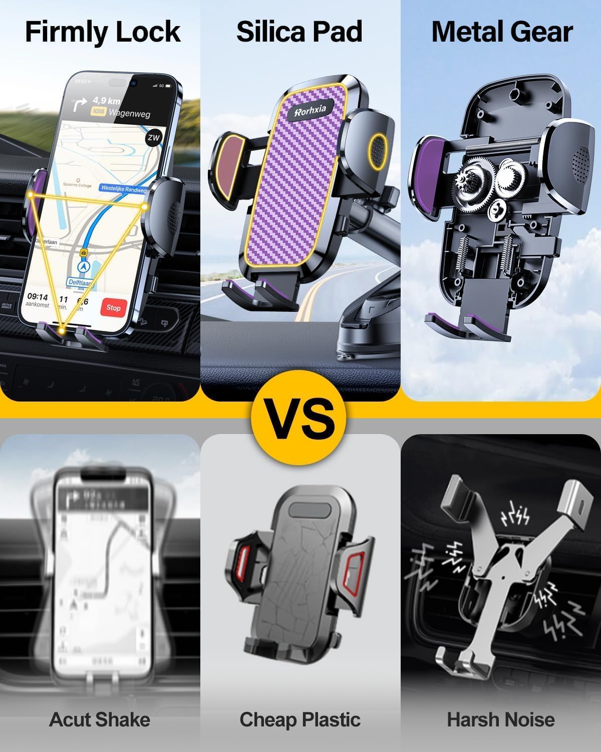 Purple 3-in-1 Phone Holders for Your Car [2025 Most Stable and Flexible Suction Cup] Vent Dashboard Windshield Cell Phone Car Mount Fit for iPhone, Samsung, All Phone