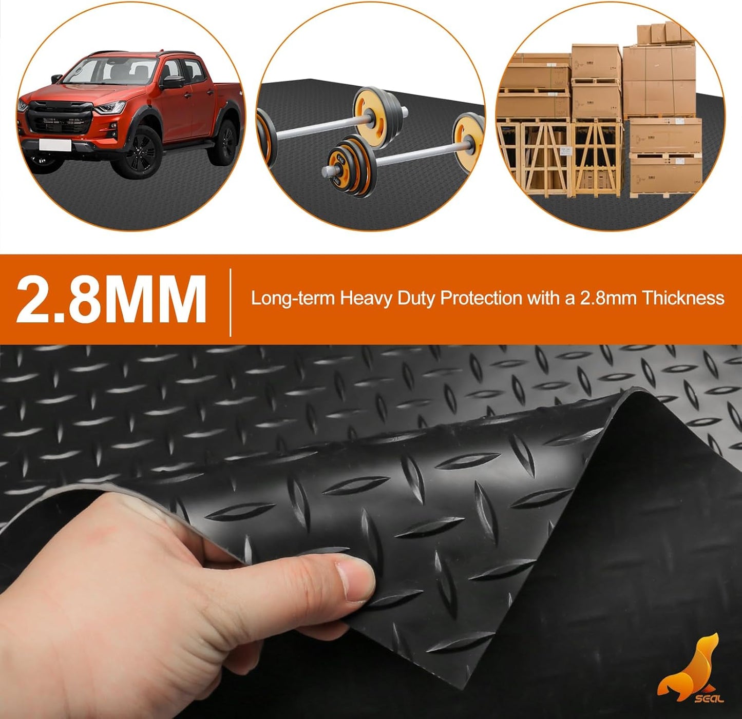 SEAL 6 x 8 Ft Premium Garage Floor Mat, Solid 2.8mm Thickened Black Commercial Grade Heavy Duty Parking Mat for Garage Floor, Golf Cart, Water/Stain Resistant Floor Runner (Embossed Diamond Plate)