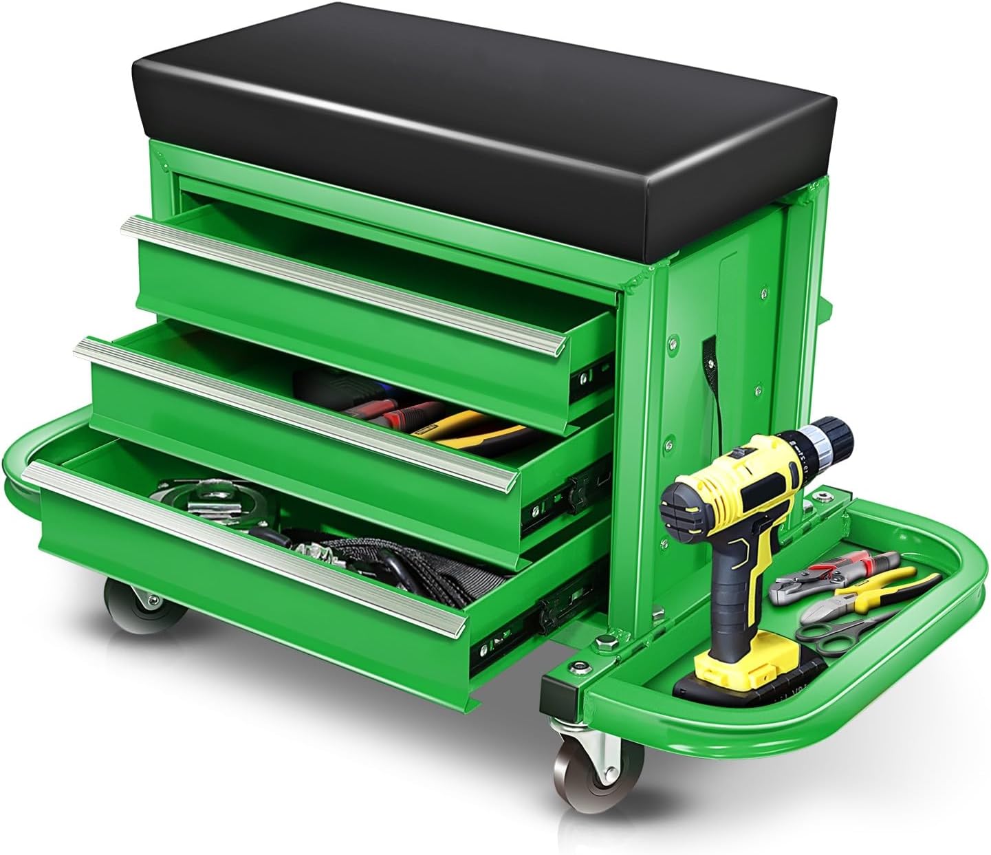 Auto Dynasty 3-Drawer Mechanic Rolling Seat, 350 LBS Capacity Roller Garage Shop Seat with Storage Tool Tray for Workshop, Repair Shop, Warehouse, Green