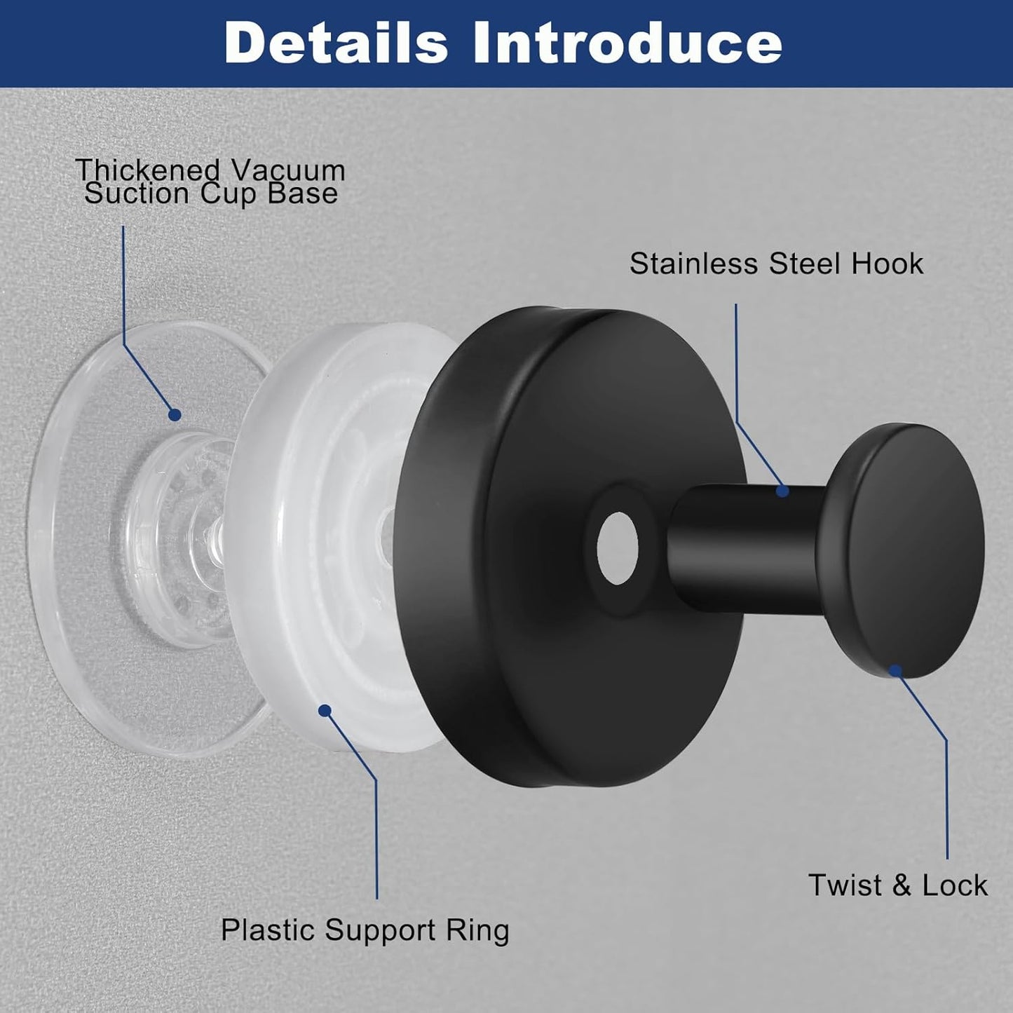 4 PCS Suction Cup Hooks for Shower, Hooks for Inside Shower, Removable Towel Hooks for Bathroom Wall, Kitchen, Glass, Tile, Mirror, Bath Robe Looafh Hook for Hanging (Black)