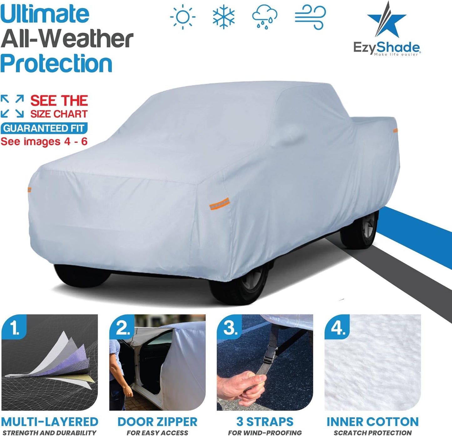 EzyShade 10-Layer Truck Cover Waterproof All Weather. See Vehicle Size-Chart for Accurate Fit. Full Outdoor Pickup Truck Covers for Ford F150 Colorado RAM. Sun Wind Rain. Size T3 (See SizeChart)
