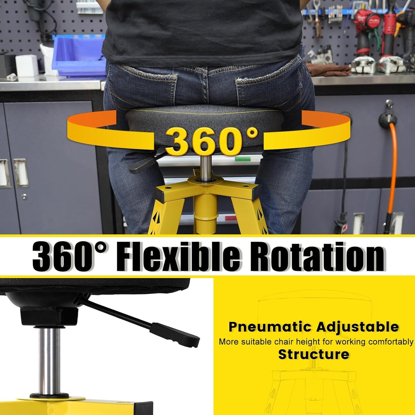 Adjustable Tall Shop Stool, Mechanic Garage Bar Stool Chair, Work Metal Chair for Workshop,360° Swivel Padded Seat, Tool Tray Storage, 350 LBS Capacity, Heavy Duty, Yellow
