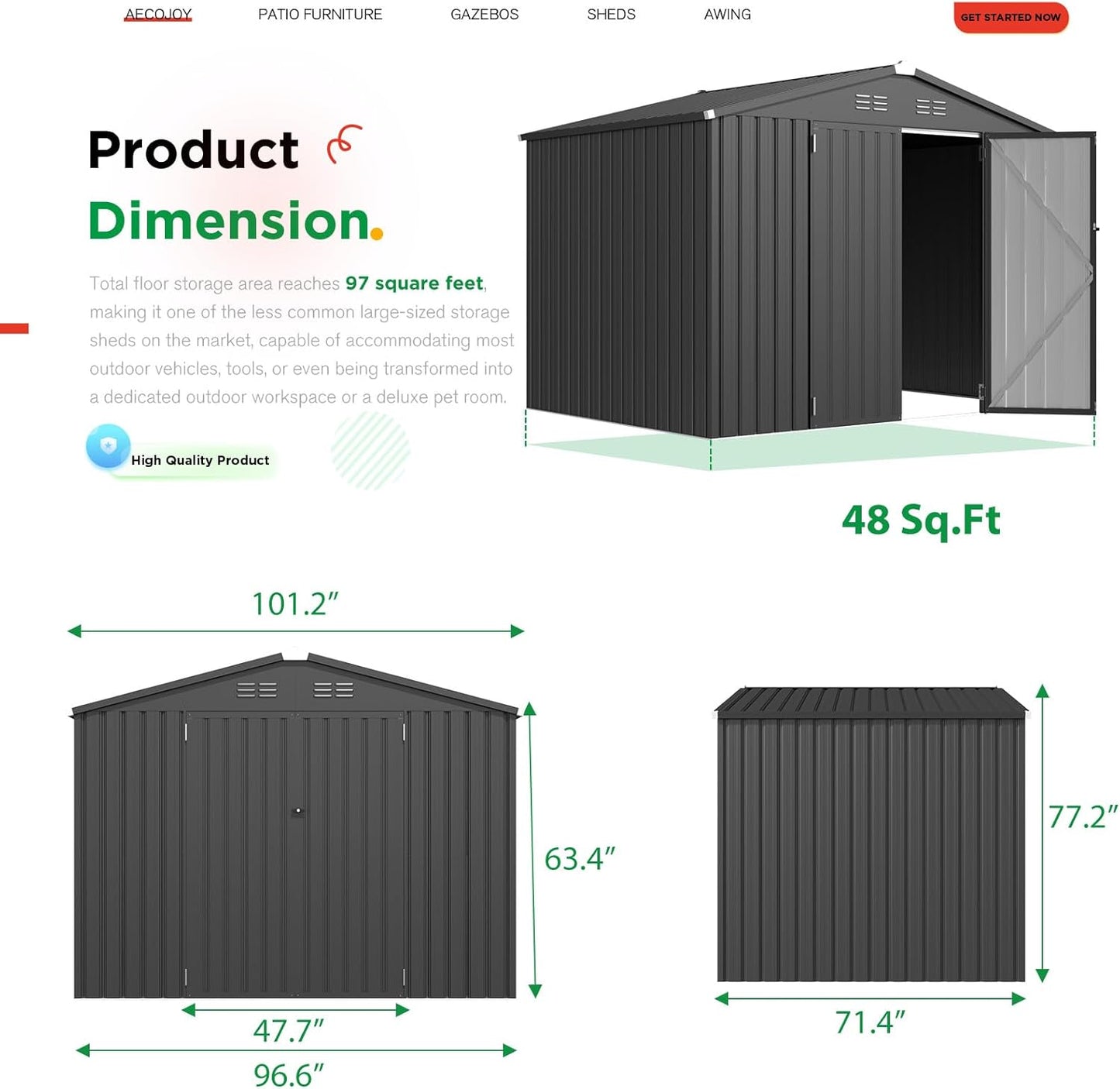 AECOJOY Shed 8' x 6' Metal Storage Shed for Outdoor, Dark Grey Steel Backyard Shed (53 Sq.Ft Land) with Design of Lockable Doors, Utility and Tool Storage for Garden, Backyard, Patio, Outside use