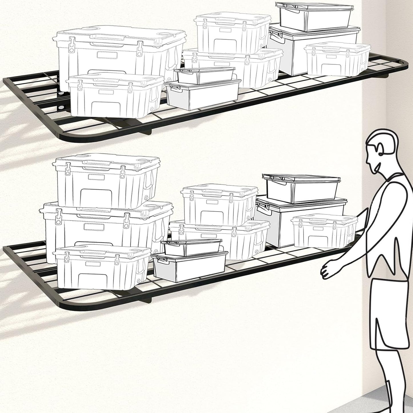 2-Pack 2x4ft Garage Wall Shelves, 2 Shelf Total 8 ft(L) Garage Shelving Wall Mounted – Heavy-Duty Storage Shelves, Perfect for Holding Storage Bins, Boxes, Sporting Goods, Tools, and More Space-Saving