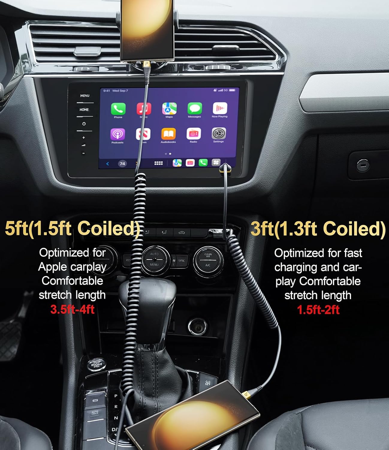 USB C Cable Fast Charging, 2Pack 3ft Coiled USB A to Type C Charge Cord for Car USB-C Charging Cable Compatible with iPhone 16/15/Pro/Samsung Galaxy S20 S10 Plus Note 10 and Other USB C Devices - Gold