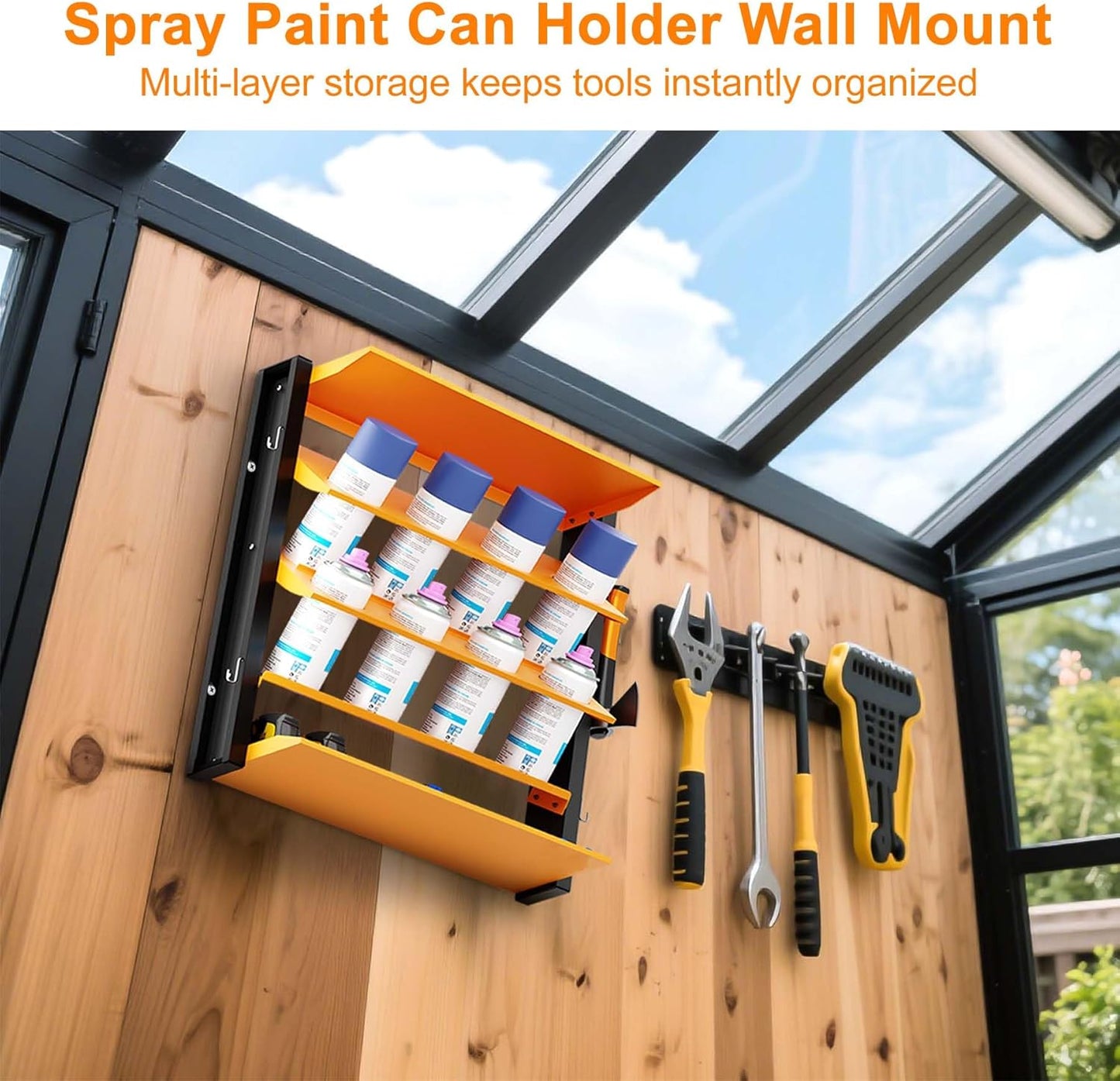 Spray Can Holder, Wall Mount Spray Paint Can Holder, Spray Can Rack with 8 Can Holes & 2 Shelf, Heavy Duty Paint Bottle Organizer for Garage, Home, Shop