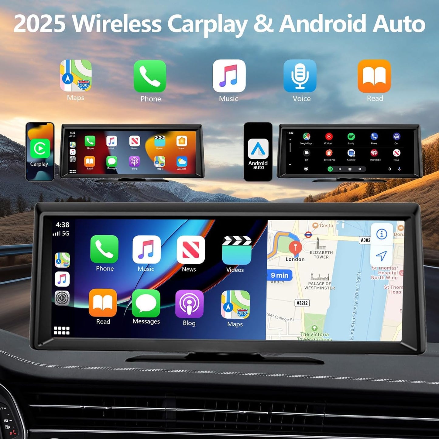 Wireless Carplay Screen for Car 2K Dash Cam, 8.1" HD Portable Car Stereo with Carplay & Android Auto, 1080P Backup Camera, Mirror Link/Bluetooth/GPS Navigation/Satellite Radio for All Vehicles