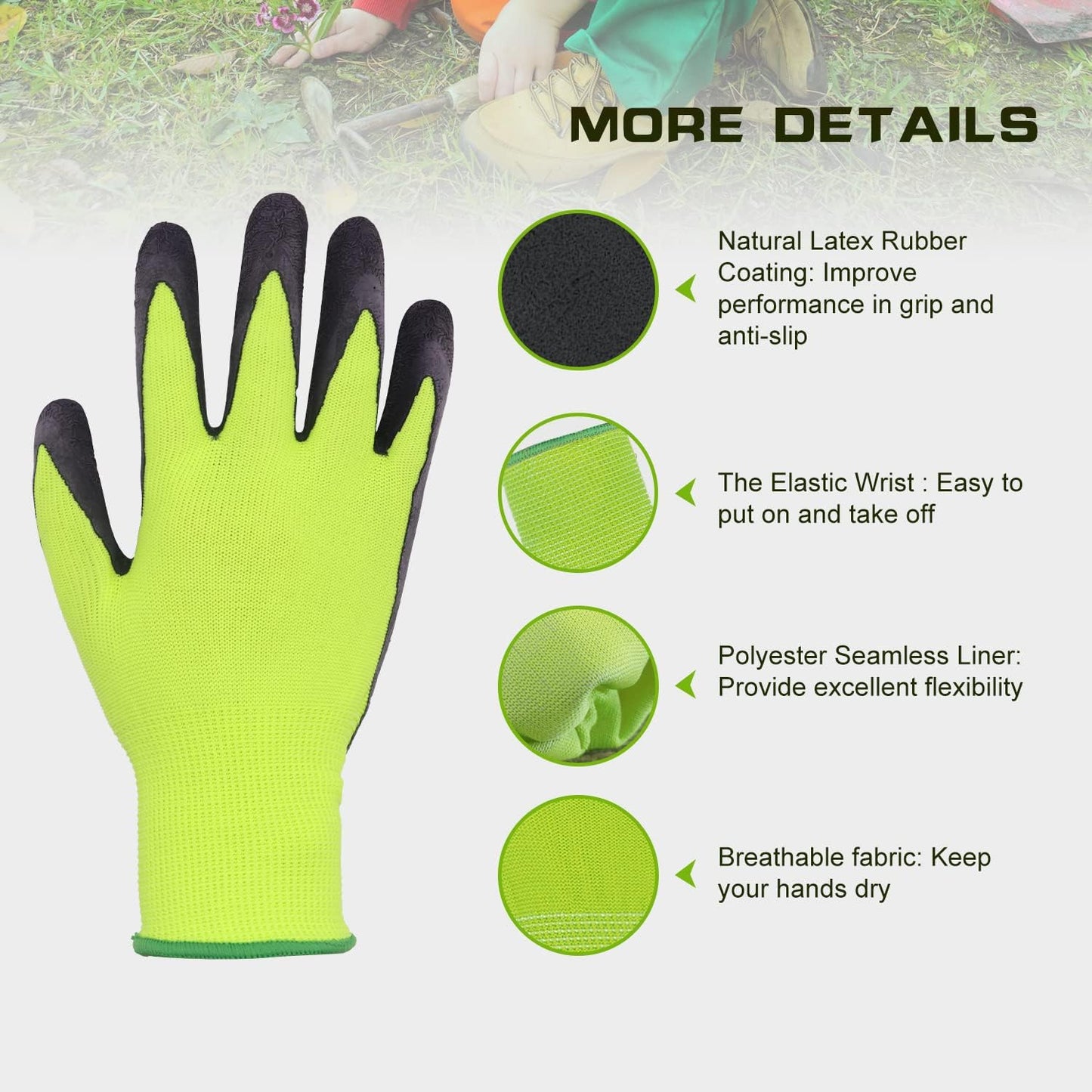HANDLANDY 3 Pairs Kids Gardening Gloves Latex Free, Nitrile Coated Children Toddler Garden Yard Work Gloves for Little Girls Boys (Size L, Black-Green)