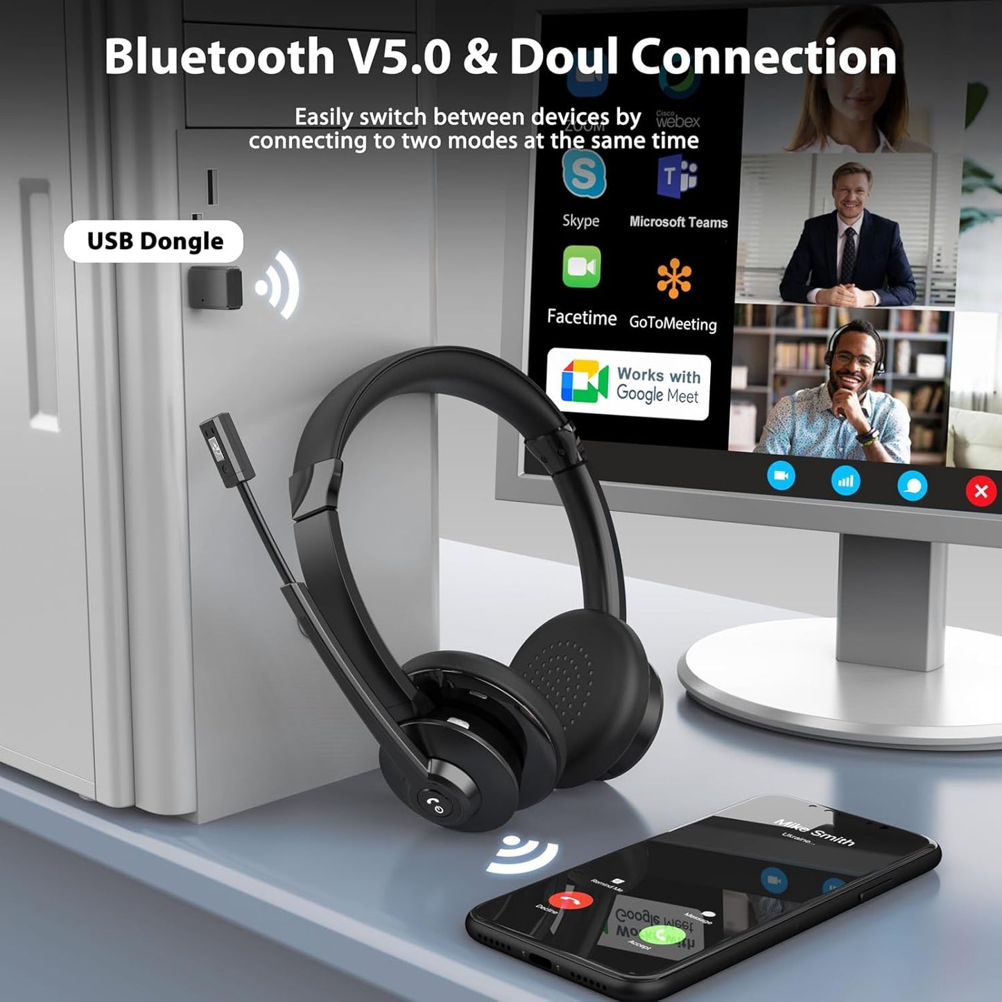 Wireless Headset，Bluetooth Headset with Microphone Noise Cancellation Wireless Headphones with USB Dongle Connection and Microphone Mute for PC/Laptop/Smartphone/Teams/Home