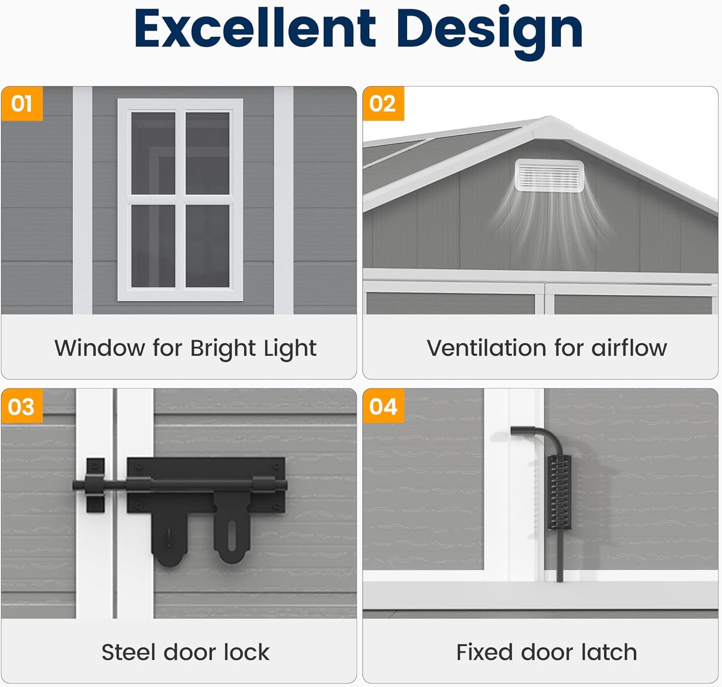 UDPATIO Outdoor Storage Shed 8 x 8 FT, Resin Garden Sheds Plastic Patio Outdoor Storage with Lockable Door for Tool, Bike, Garbage Can Gray White