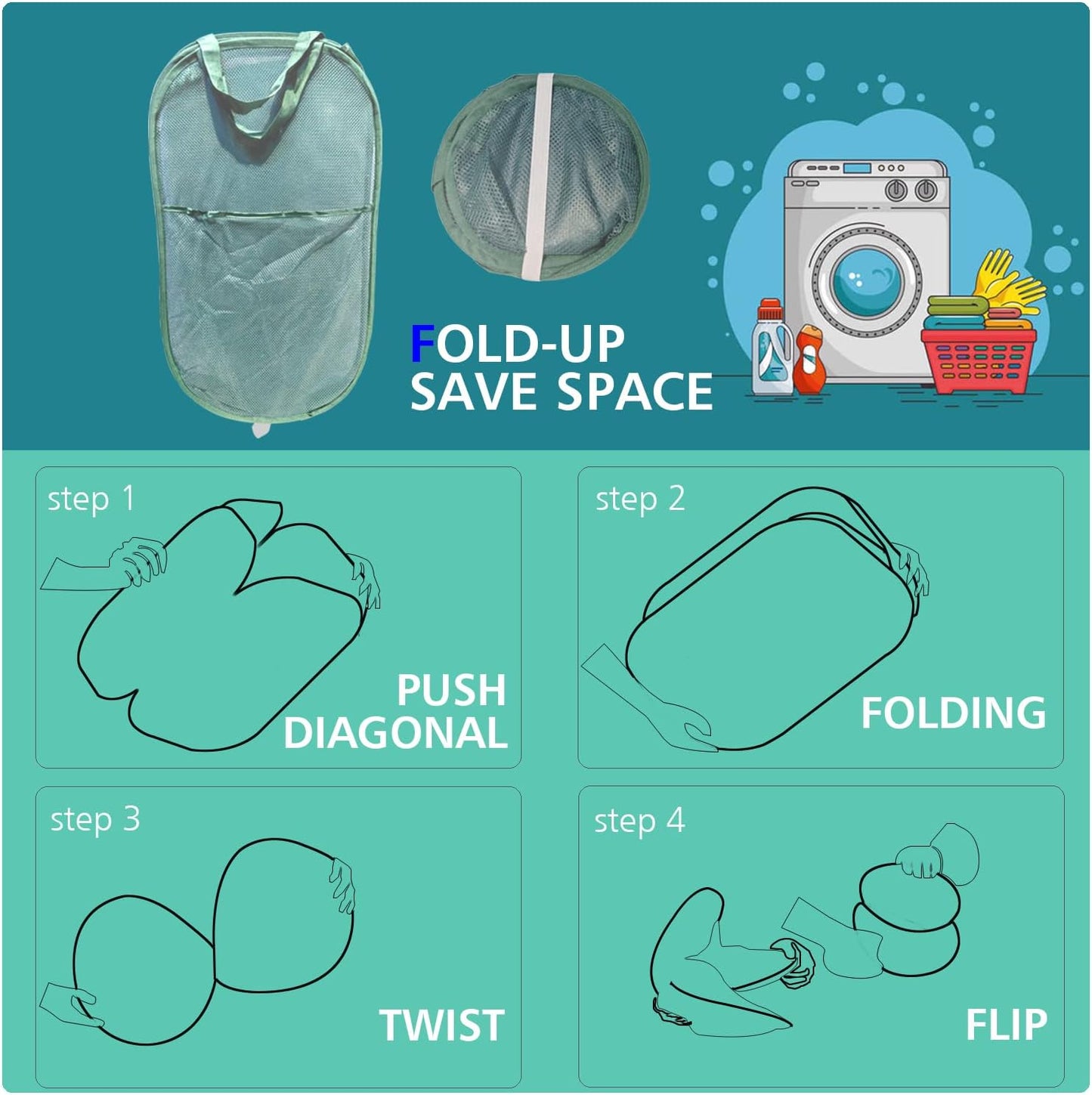 HONOMA Sturdy Mesh Laundry Hamper Basket Bag,Pop up Basket with Side Pocket for Laundry Room, Bathroom, Kids Room, College Dorm or Travel (Pop Vertical, Navy Blue)