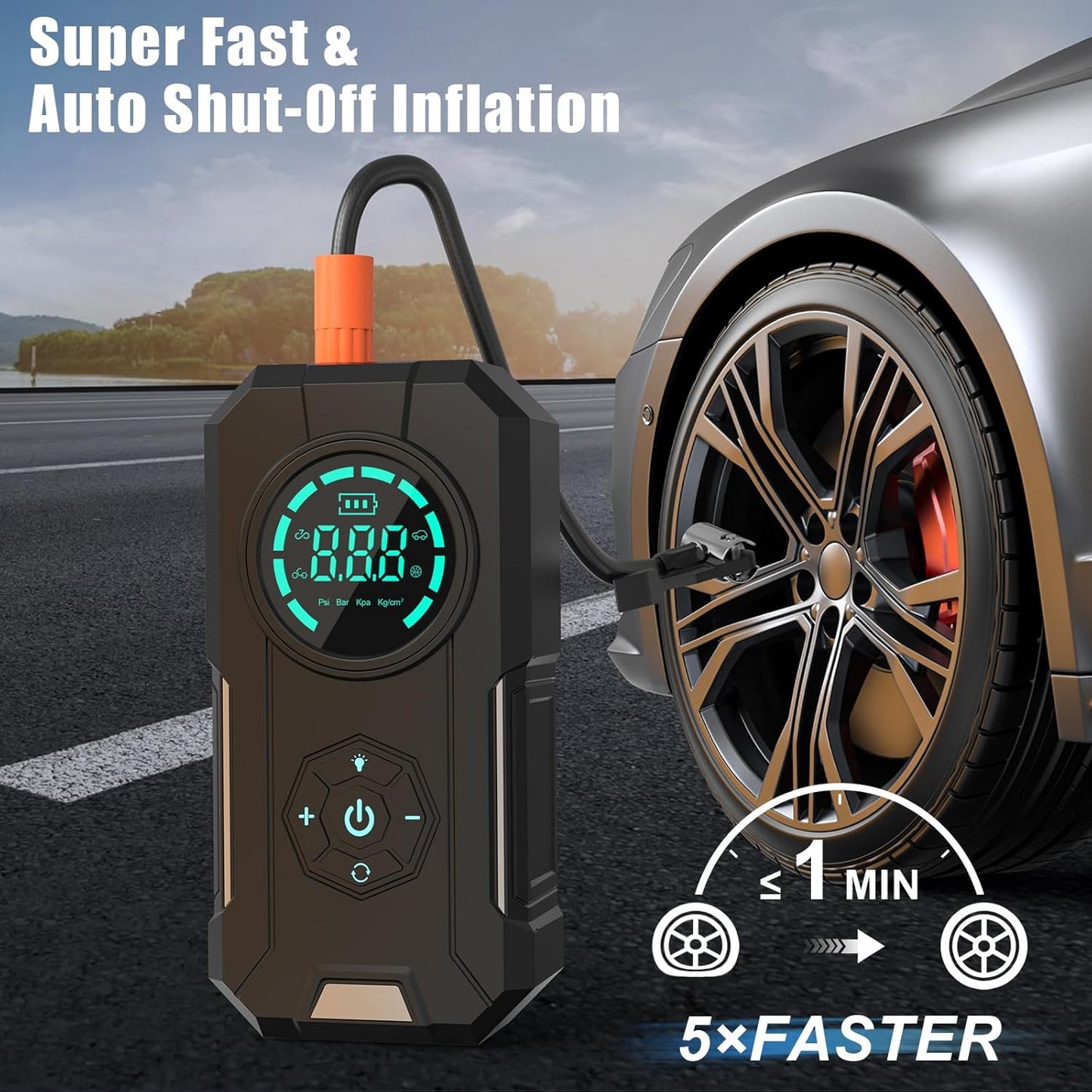 Tire Inflator Portable Air Compressor, 5X Faster Portable Air Compressor with 25000mAh Battery, 150PSI Cordless Air Pump for Car Tires, Bike, Motorcycle, Sports Balls