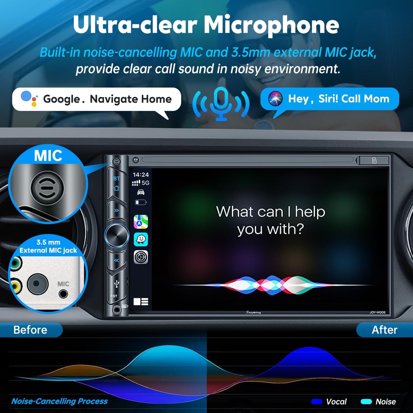 Upgrade Wireless Double Din Car Stereo with Carplay, Android Auto, Bluetooth, 4-Channel RCA, High Power, 2 Subwoofer Ports, 7" HD Capacitive Touchscreen Car Radio, Backup Camera, Audio Receiver
