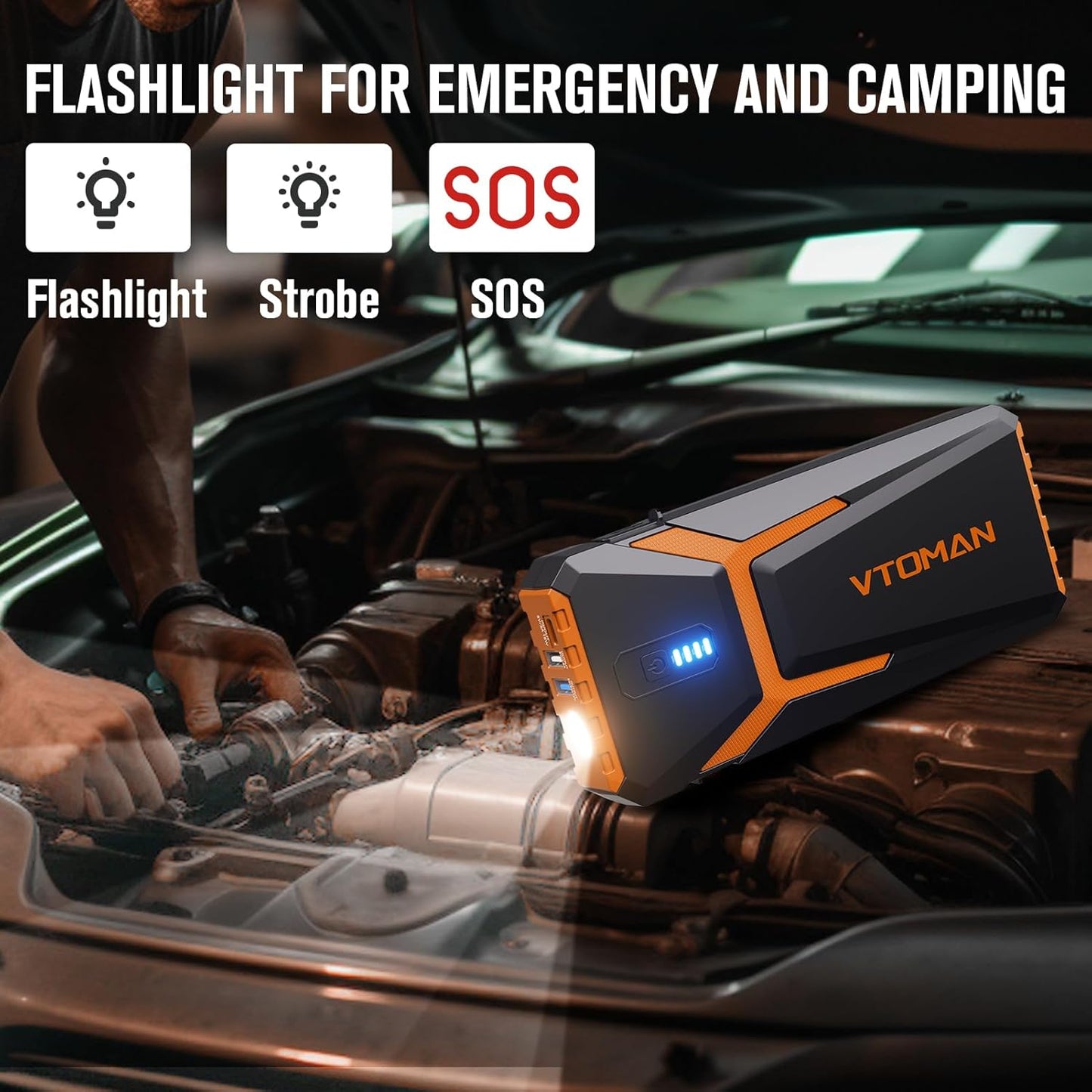 VTOMAN V10 Pro 4500A Jump Starter, Portable Car Starter (All Gas, 10.0L Diesel Engine) 12V Lithium Jump Box, Battery Booster Power Pack, Car Battery Charger Jumper with Type C Quick Charge, LED Lights