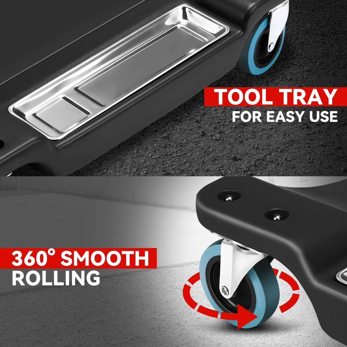 Auto Dynasty 40 Inches Mechanic Creeper, Automotive Garage Repair Low Profile Under Car Rolling Creeper with LED Light and Padded Headrest, Plastic, Black