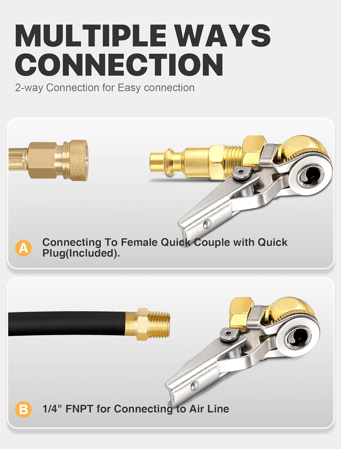 2-Pack 1/4 Inch Female NPT Closed Ball Tire Inflator with Clip, Locking Quick Connect, Clip-On Air Chucks for Truck RV Auto Car Air Compressor