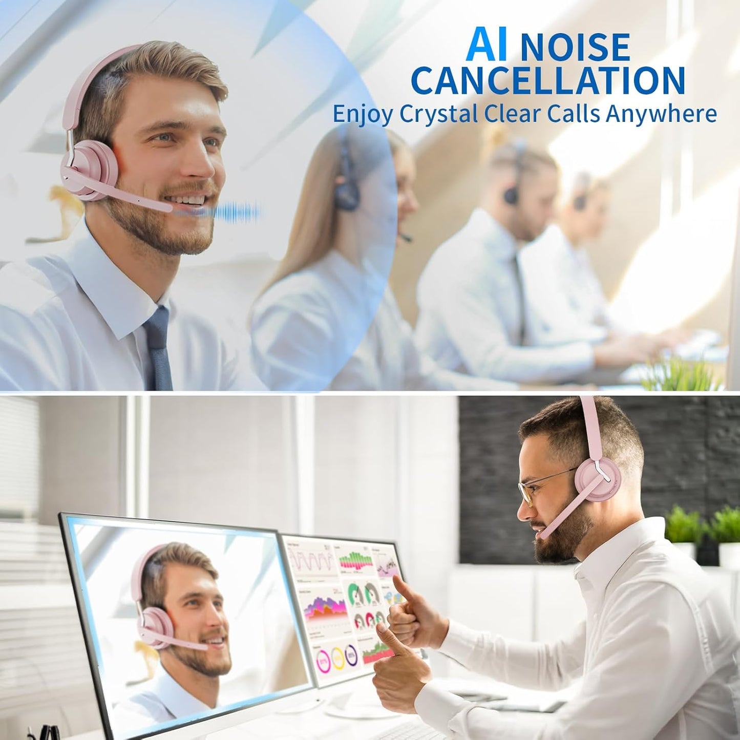 Wireless Headset with Mic, 2.4GHz Bluetooth Headset with AI Noise Cancelling Microphone & Charging Base, Wireless Headphones with USB Dongle for PC (Pink, L)