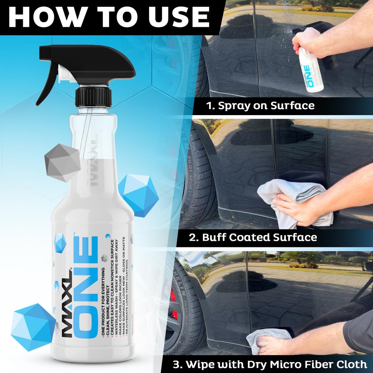 MAXLONE ™ Car Spray with Triphene® Technology, Quick Spray & Wipe Waterless Detailer - Clean, Shine, Protect Paint, Glass, Wheels, Trim Without Pre-Washing (20oz, 1 Gallon with 8 Micro Fiber Cloth)
