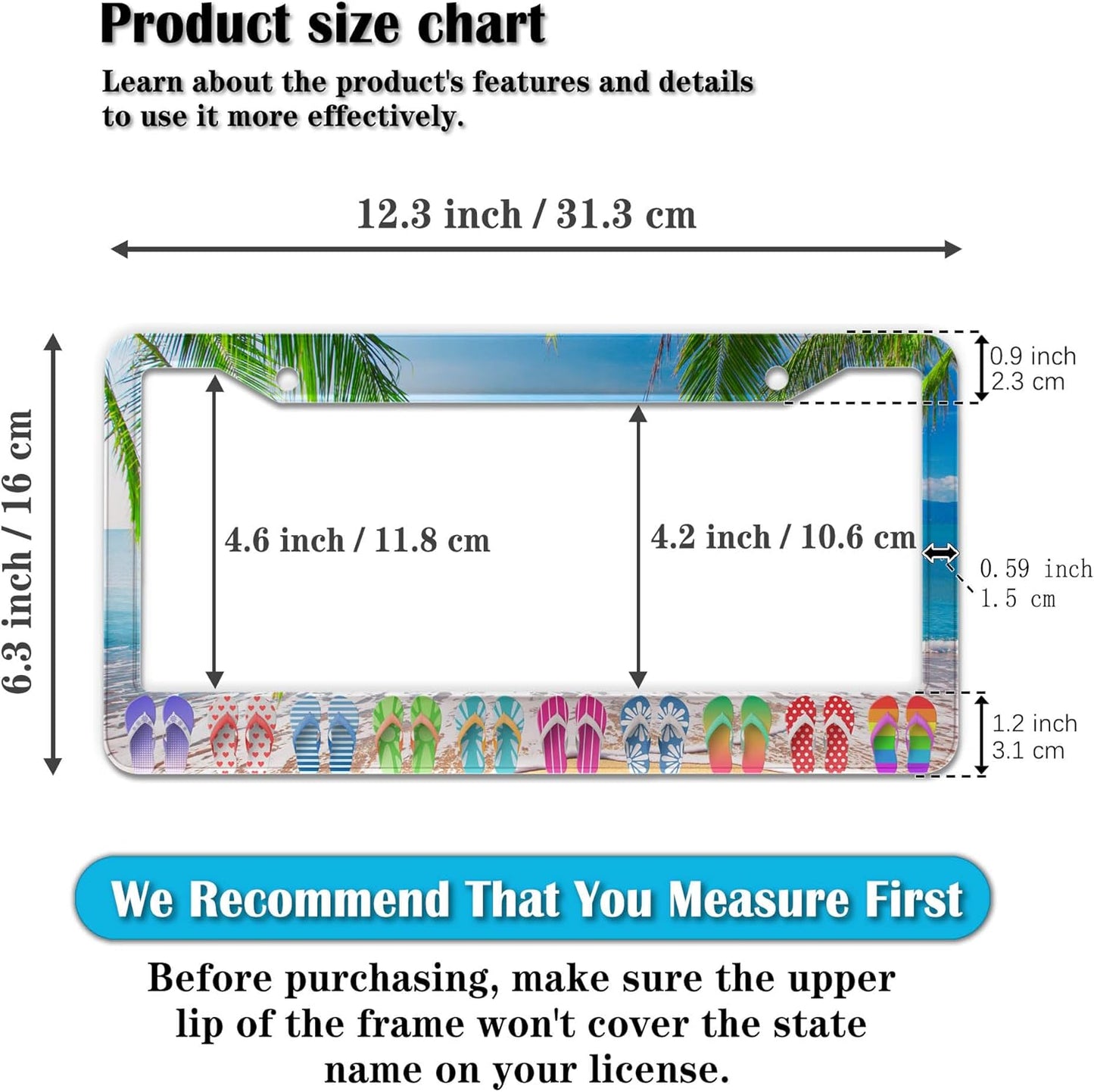 License Plate Frames Multicolor Car License Plate Frame Hawaii Beach Flip Flops Aluminum Metal Car Accessory 2 Pack with Screw Covers Set