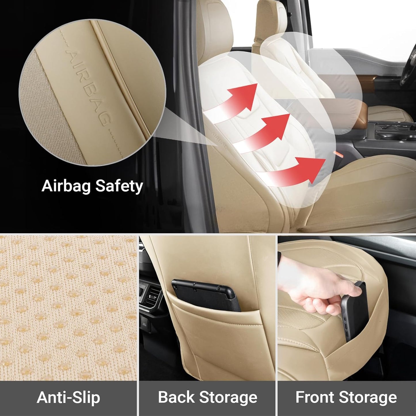 Coverland Custom Car Seat Covers Compatible with F150, Ram 1500 2500 3500, Tundra - Premium Leather Non-Slip Memory Foam Waterproof Interior Protector Front Seat-Beige [See Size Chart-Size A25]