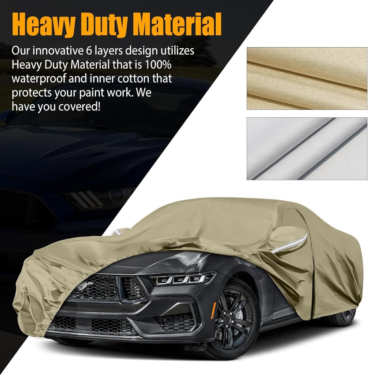 Waterproof Car Covers Replace for 1994-2025 Ford Mustang, Multilayer Heavy Duty with Cotton Liner All Weather Custom-fit Car Cover with Zipper Door, Windproof Bands for Snow Rain Dust Protection