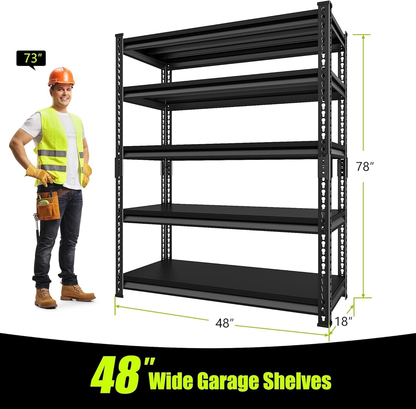 Garage Shelving Heavy Duty 2500LBS Loads, 48" W Adjustable Garage Storage Shelves, 5-Tier Metal Shelving Units and Storage, Industrial Utility Shelf, 48" Wx18 Dx78 H,Black