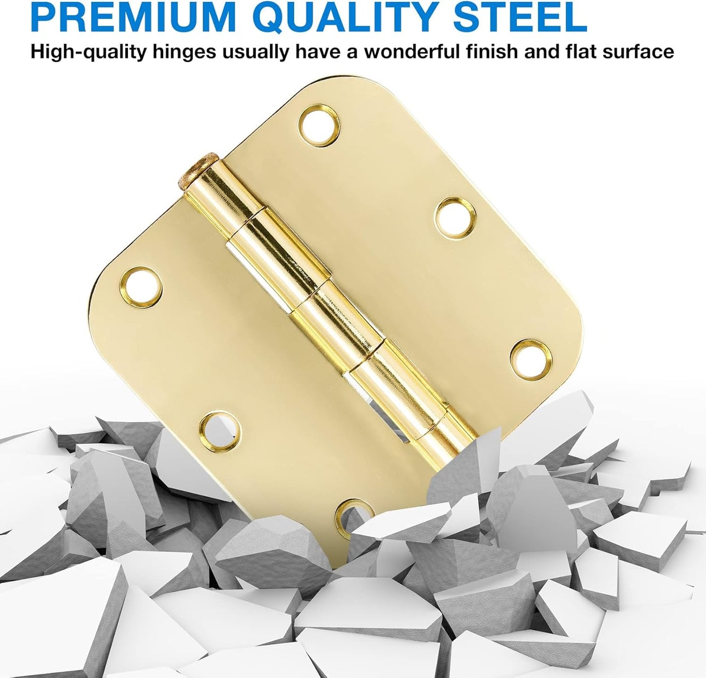 3 Pack Rounded Door Hinges 3-1/2" x 3.5 inch, 5/8 Radius, Polished Brass 3 ½ Inch Gold House Interior Hinge for Bed/Living/Guest/Pantry/Storage/Study/Work Room Doors Heavy Duty Steel Hardware Kit