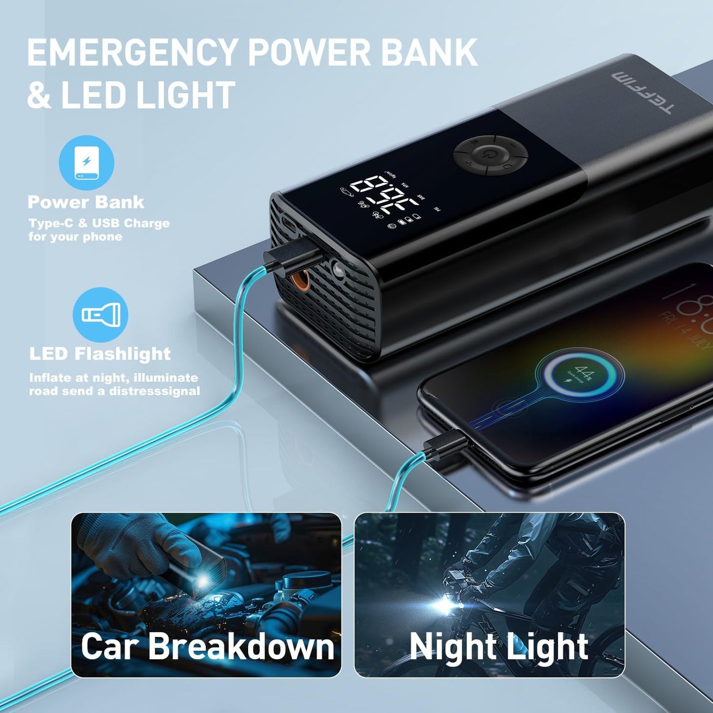 Tire Inflator Portable Air Compressor - 150PSI & 20000mAh Battery, 12V Smart Air Pump for Car Tires, 6X Tire Pump with Pressure Gauge, Auto Shut-off, Motorcycle, SUV, Bike Pump, Bicycle, Balls