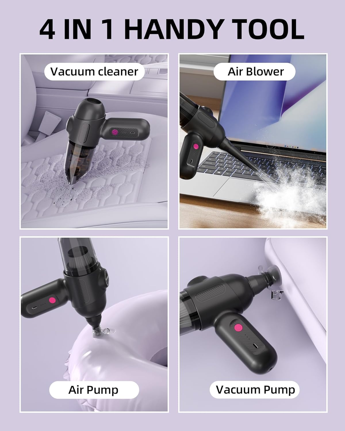 Car Vacuum V6 Pro, Cordless Handheld Vacuum with 8000Pa, Portable 4-in-1 Blowing and Suction Function Mini Vacuum Cleaner Air Duster Suitable for Quick Cleaning of Small Areas,Car,Office,Home,PC