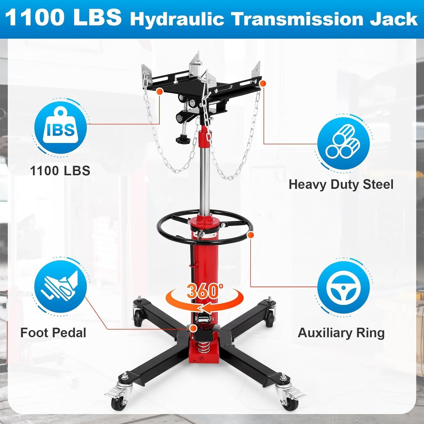 Transmission Jack, 1100LBS (1/2 Ton), Hydraulic Telescoping Transmission Jack, 32"-67" Transmission Jack Stand with Foot Pedal & 360° Swivel Wheels for Garage and Car Lifting,