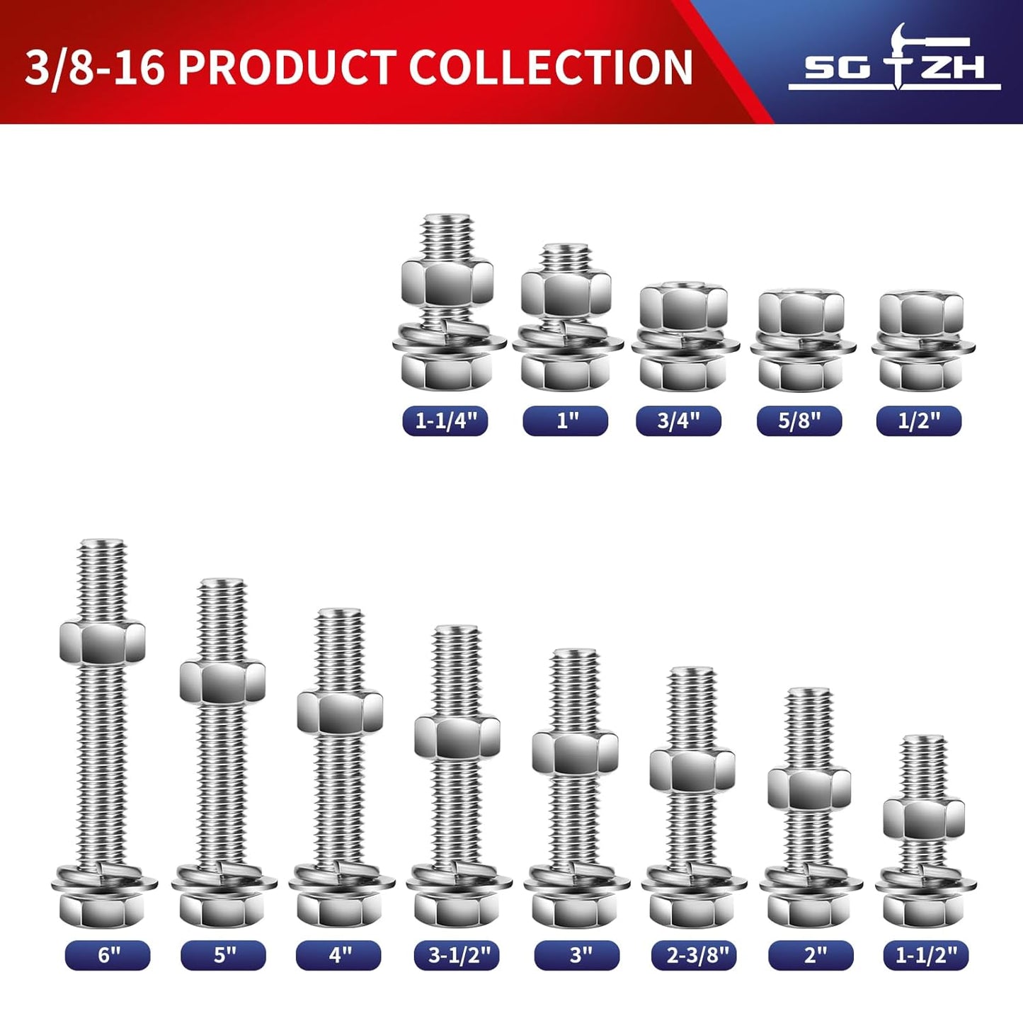 3/8-16 x 2" Hex Head Screw Bolt, Nuts, Flat & Lock Washers, 20Pcs 18-8 (304) Stainless Steel, Fully Threaded, by SG TZH
