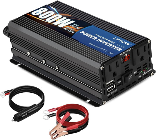 LVYUAN 800 Watt Pure Sine Wave Power Inverter 12V to 110V120V DC to AC Converter with Dual Sockets, Dual USB Ports, LED Display for Home Outdoor RV Car Power Inverter Power Adapter