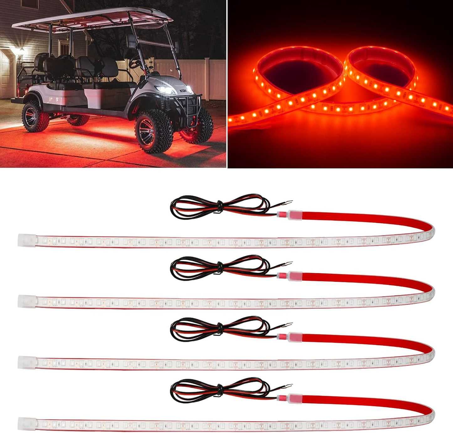 Red Car LED Strip Light,24inch 12V Interior Light Strip IP68 Waterproof Cuttable for Car Motorcycles Boat Golf Cart Truck Cargo Home Decoration with Strong Nano Tape(4PCS)