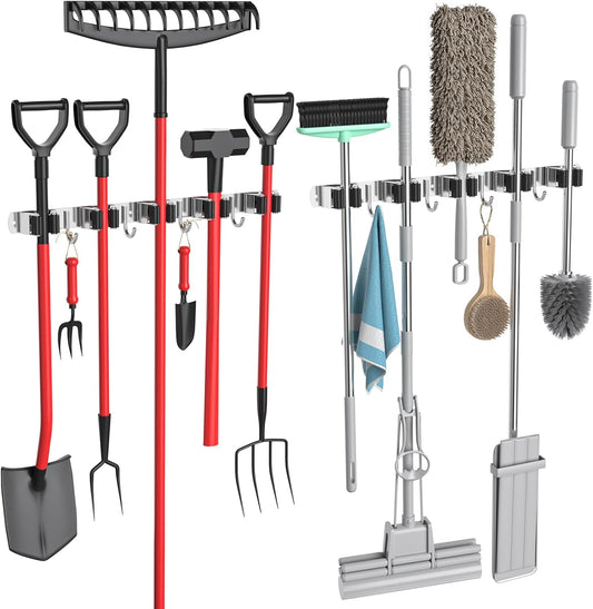2 Pack Broom Holder Wall Mount Mop and Broom Hanger Broom Organizer Storage Tool Racks Stainless Steel Heavy Duty for Kitchen Garden Laundry Garage (5 Racks with 4 Hooks)