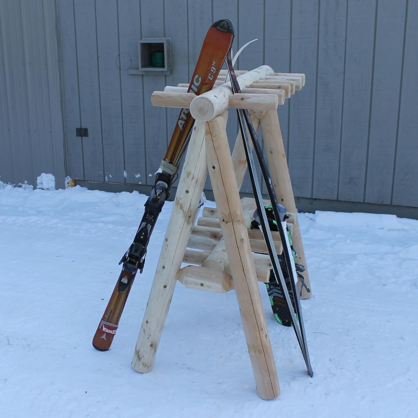 13-Place Freestanding Log Ski Rack Holder, Indoor & Outdoor Snowboard Racks, Standing Storage, Garage Racks for Snow Skis & Poles, Snowboard Rack Garage Storage Organizer-Canyon Brown + 15" Anchor Kit