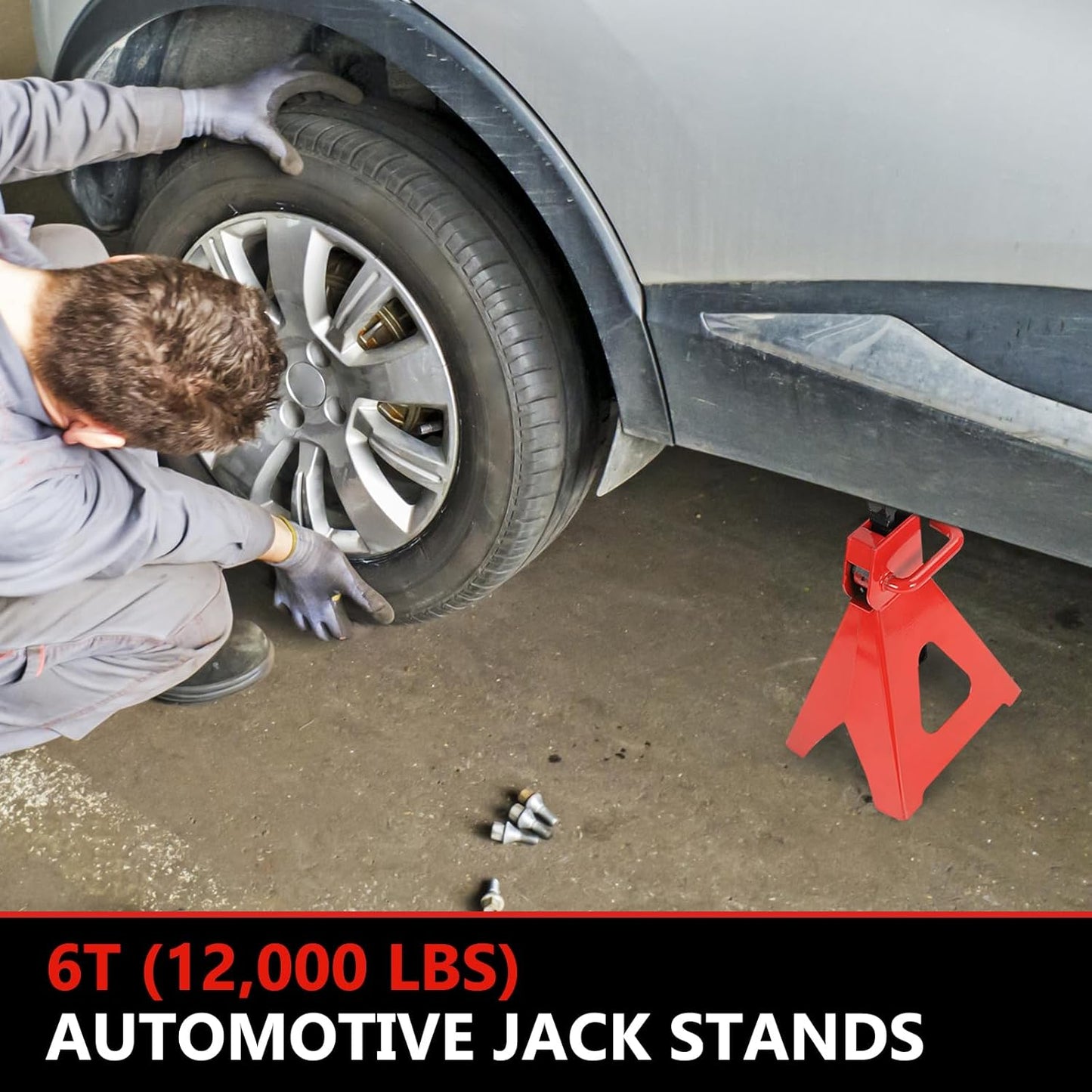 6 Ton (12,000 LBS) Automotive Jack Stands, Heavy Duty Steel Car Lifting Stand for Garages, Repair Shops, Adjustable Height 14.6"- 24", Red, 1 Pair