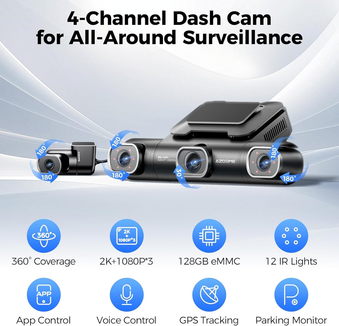 AZDOME 360° 4 Channel Dash Cam, Built-in 128GB eMMC, 2K+1080P*3 Dashcam Front and Rear Inside Left Right, Voice Control, 5G WiFi Dash Camera for Cars with 4 Adjustable Lenses, IR Night Vision, M660