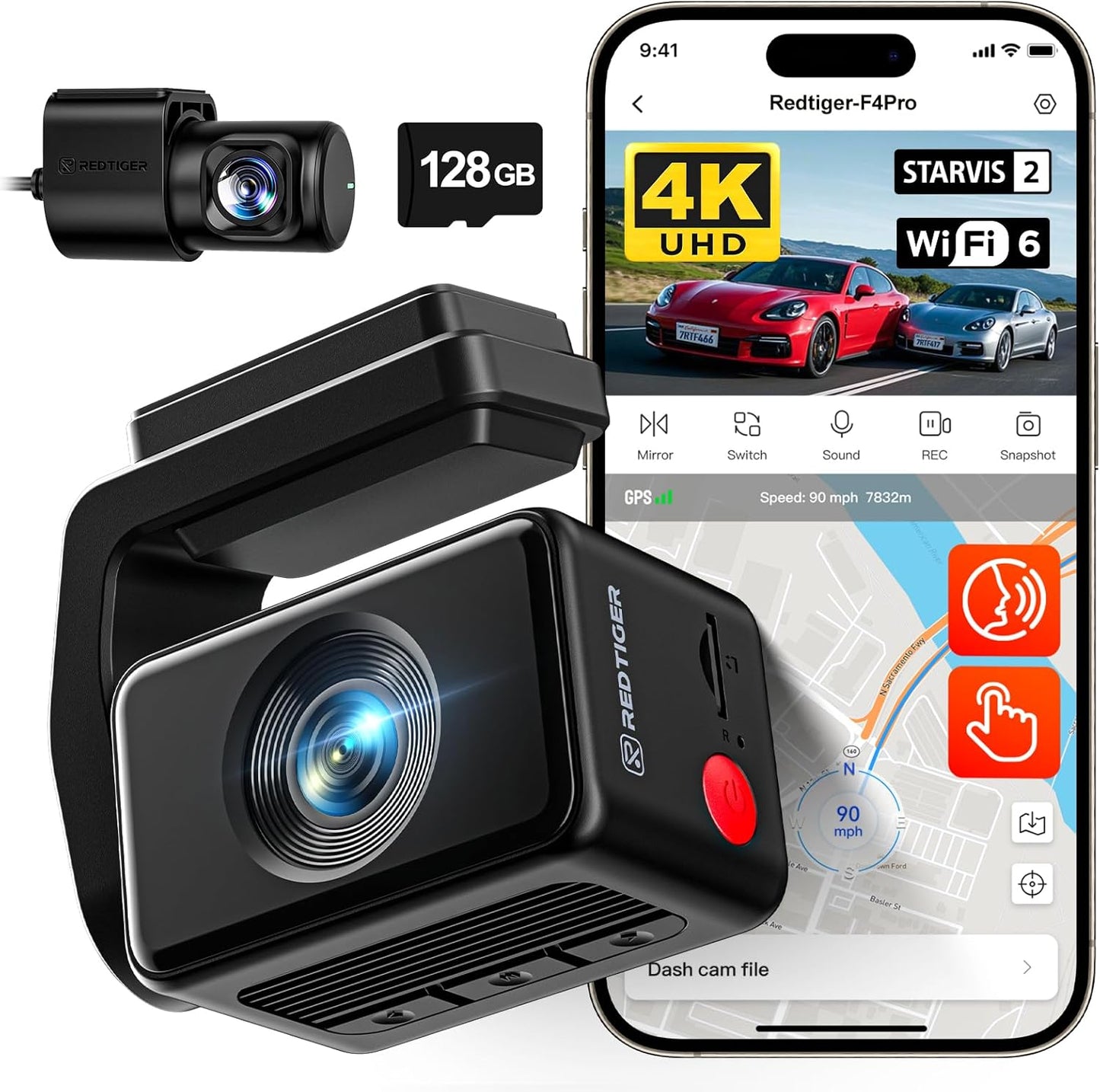 REDTIGER F4 Pro 4K Dash Cam Front and Rear, STARVIS 2 Sensor, 128GB Card Included, Built-in 5.8GHz WiFi6, 2.2inch Touch Screen Dash Camera for Cars, Voice Control, 24H Parking Mode
