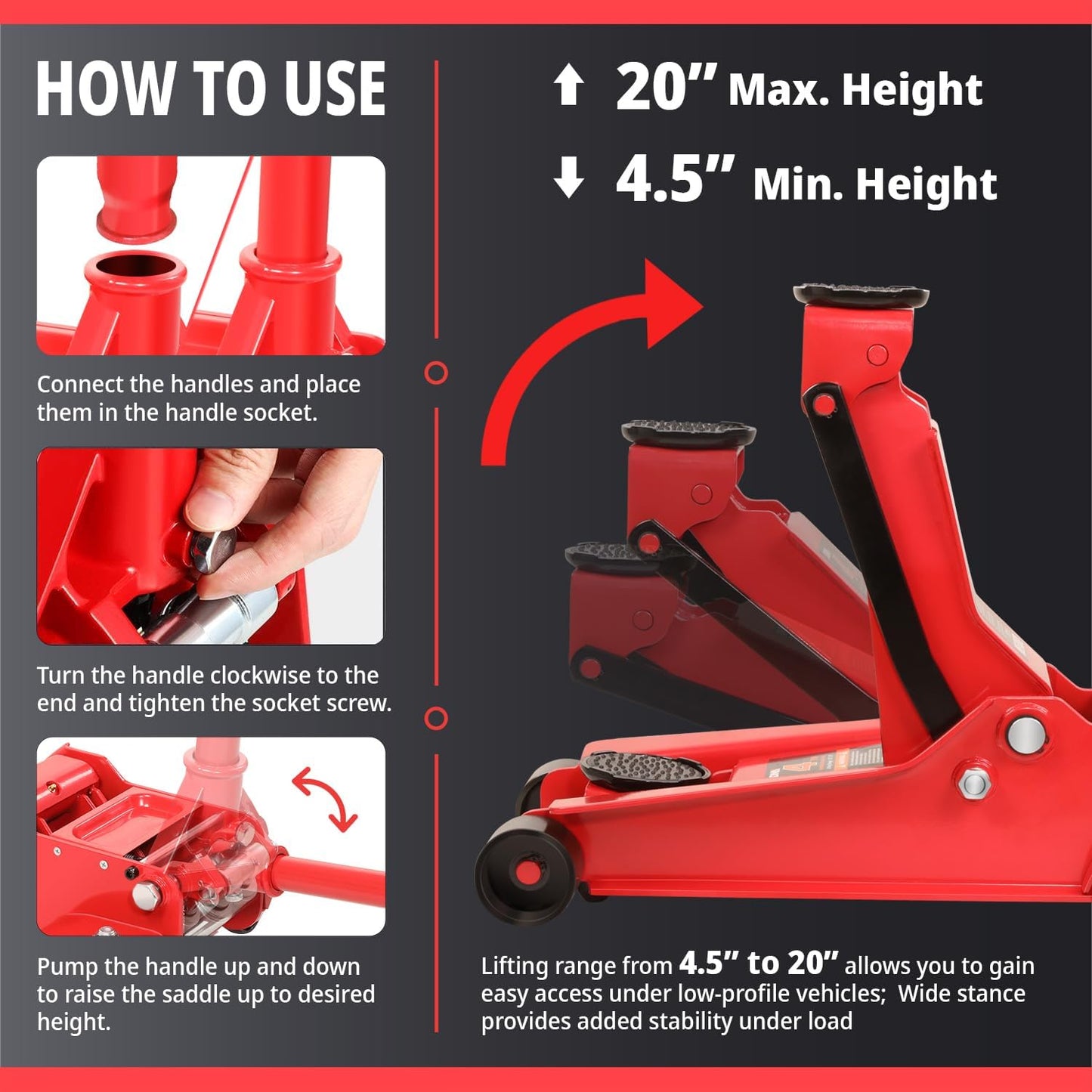 DNA MOTORING Low Profile Hydraulic Trolley Service/Floor Jack, 4 Ton (8000 lbs) Capacity, Lifting Range 4.5"-20",Red,TOOLS-00307